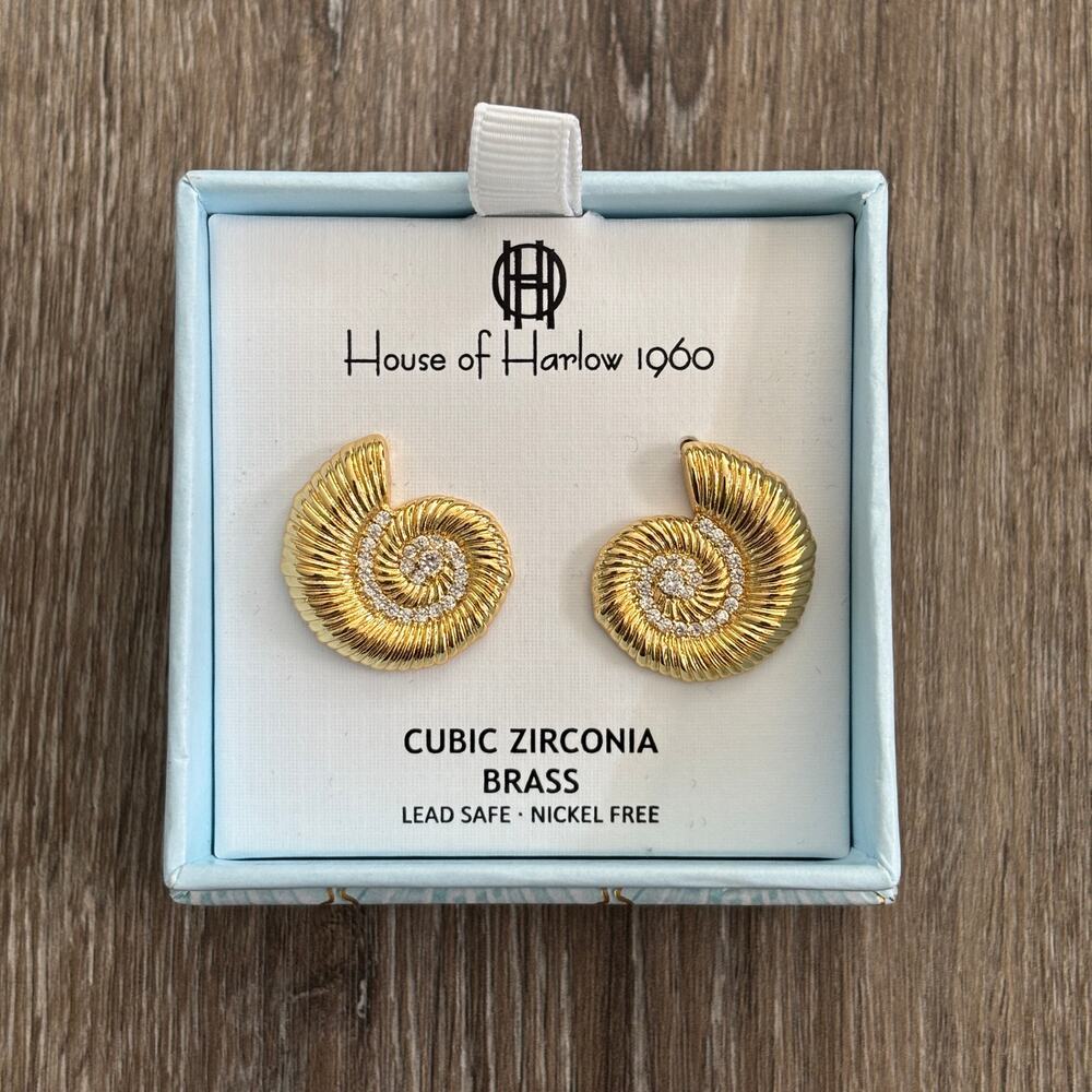 NEW House of Harlow 1960 Brass Cubic Zirconia Seashell Earrings Gold Tone